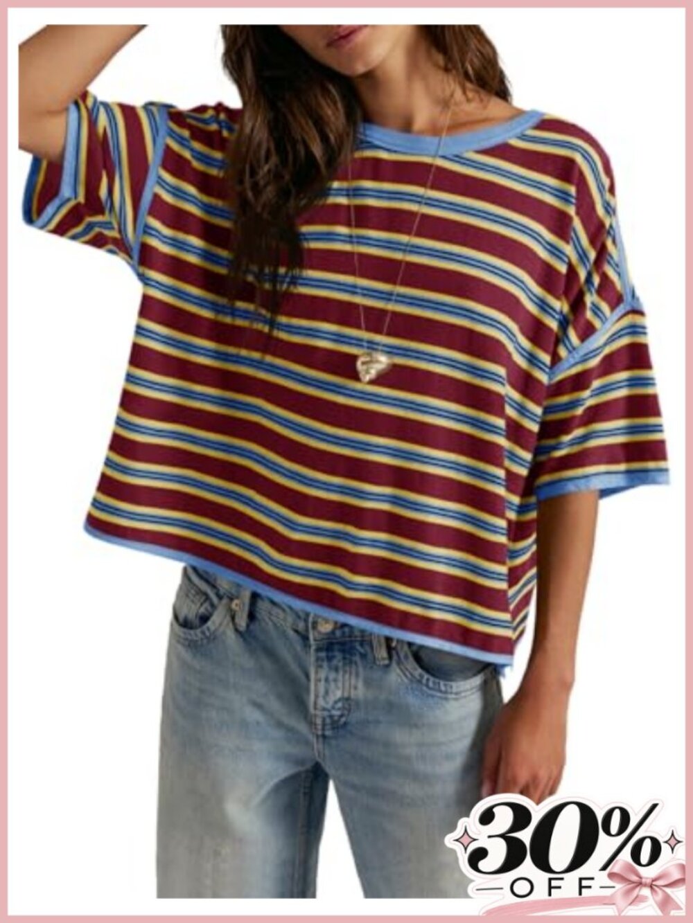 Oversized Striped Boxy Tee Short Sleeve Crew Neck T-Shirt Cotton Blend